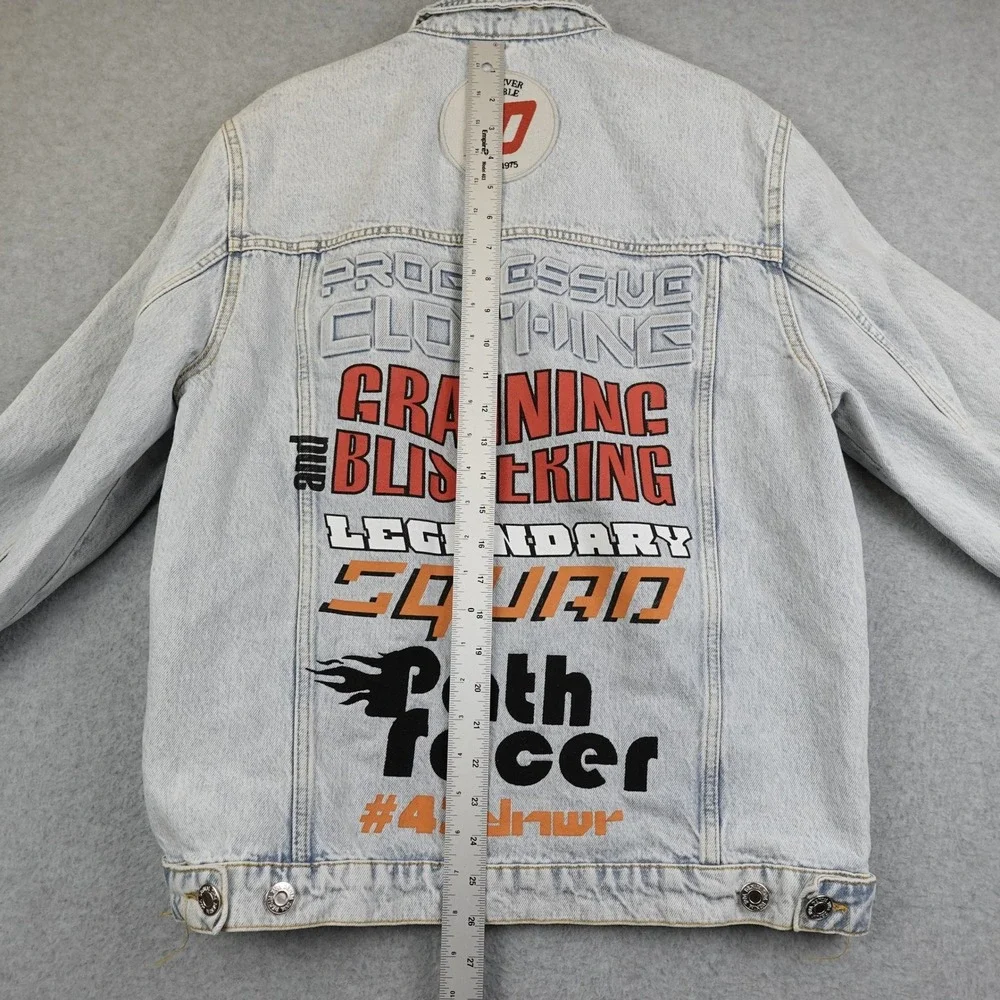 Zara Distressed Denim Jacket Mens Medium Graphic Patches Button Light Wash AOP